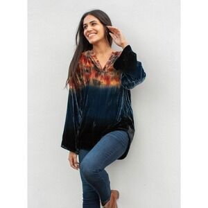 Kyla Seo Blair Blouse S Velour Deep Ocean Tie Dye Boho Resortwear Luxe‎
